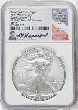 2021 W T2 Burnished Silver Eagle 2022 US Mint DC Releases NGC MS70 Ron Harrigal Signed