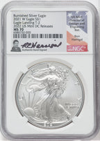 2021 W T2 Burnished Silver Eagle 2022 US Mint DC Releases NGC MS70 Ron Harrigal Signed