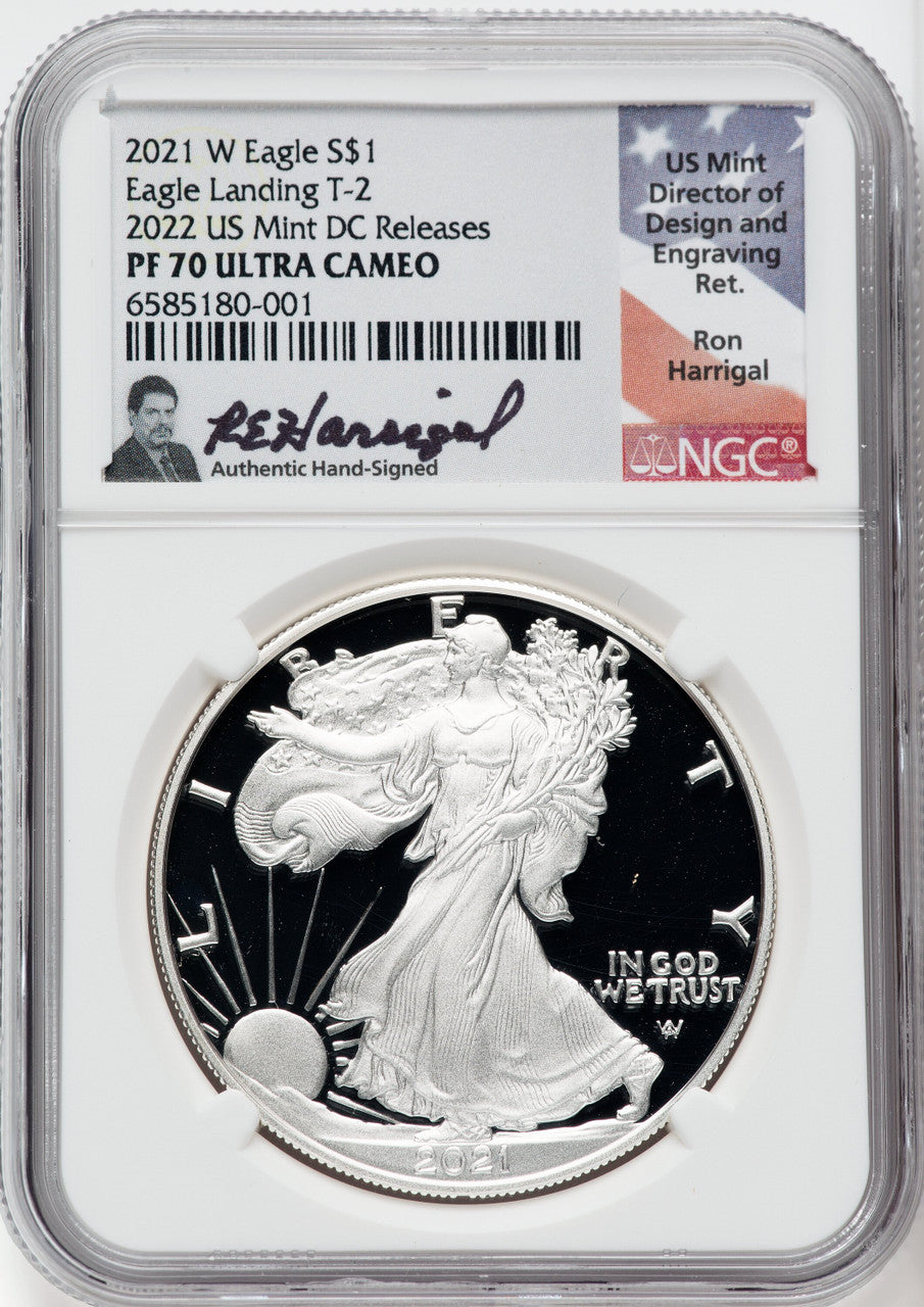 2021 W T2 American Silver Eagle 2022 US Mint DC Releases NGC PF70UCAM Ron Harrigal Signed