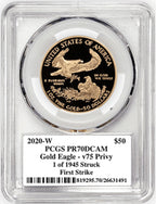 2020-W End of WWII 75th Anniversary $50 1 Oz Gold Eagle V75 PCGS PR70DCAM First Strike