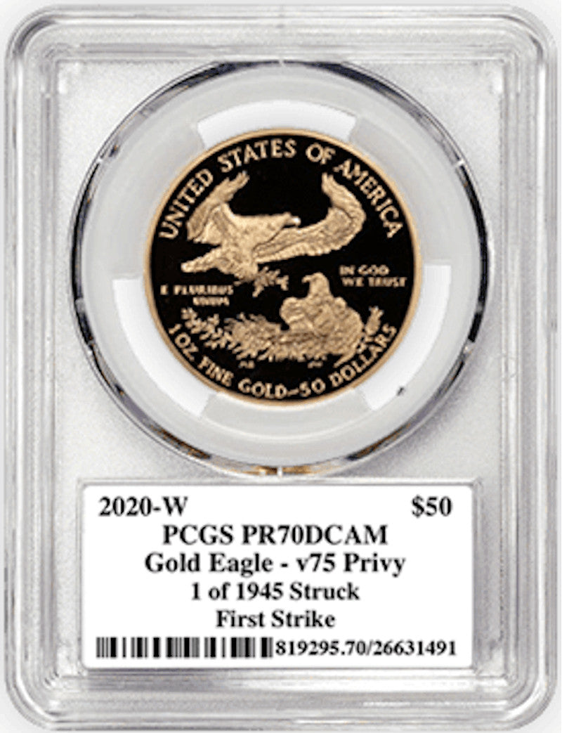 2020-W End of WWII 75th Anniversary $50 1 Oz Gold Eagle V75 PCGS PR70DCAM First Strike