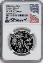 2022-W $100 One-Ounce Platinum Eagle Freedom of Speech FDI NGC PF70 Ron Harrigal Signed