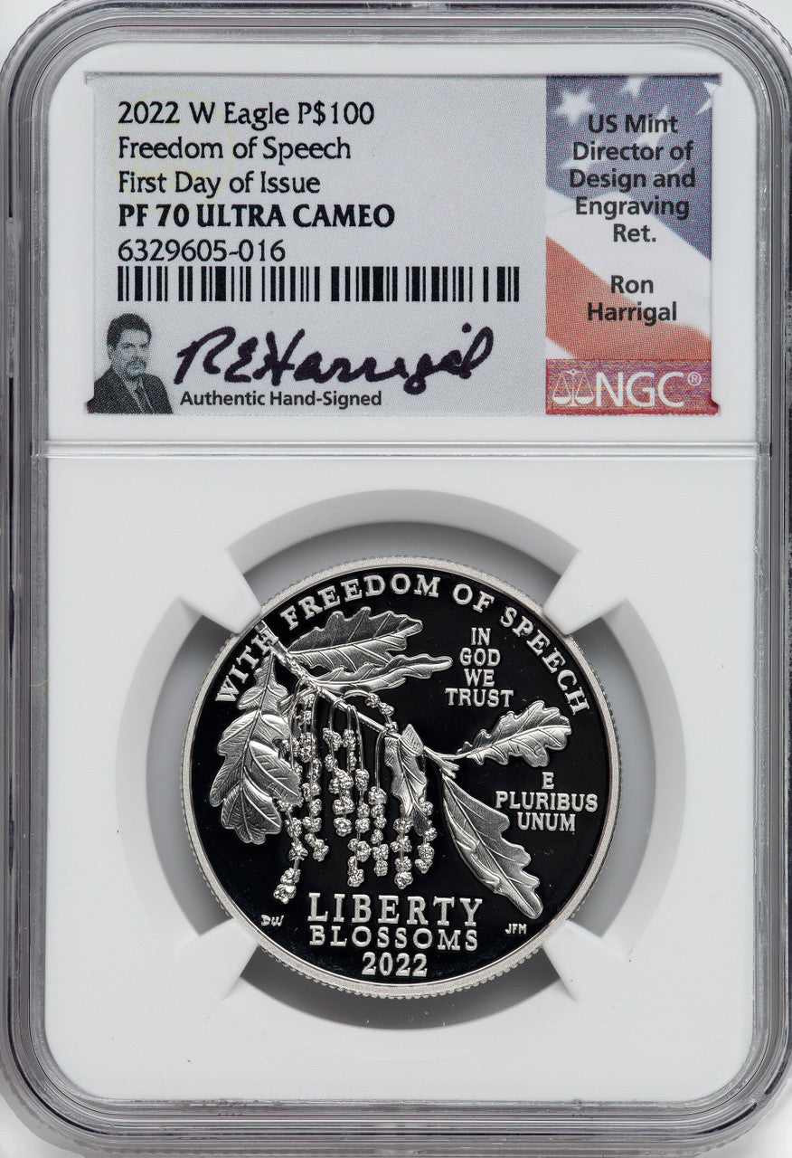 2022-W $100 One-Ounce Platinum Eagle Freedom of Speech FDI NGC PF70 Ron Harrigal Signed