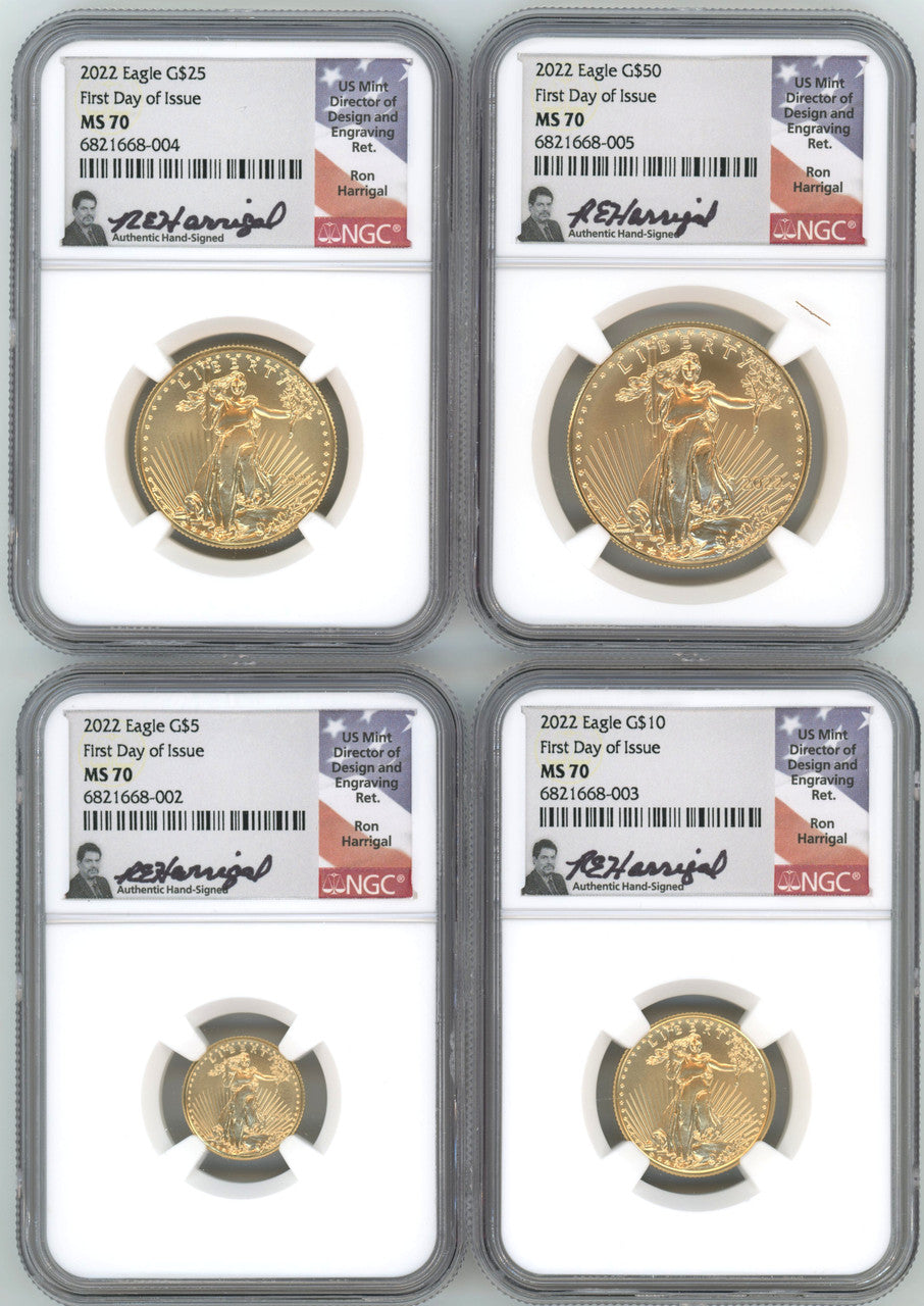 2022 Gold Eagle 4-Coin Set First Day of Issue NGC MS70 Harrigal Signed
