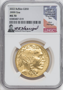 2022 $50 Gold Buffalo .9999 NGC MS70 Ron Harrigal Signed