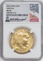 2022 $50 Gold Buffalo .9999 NGC MS70 Ron Harrigal Signed