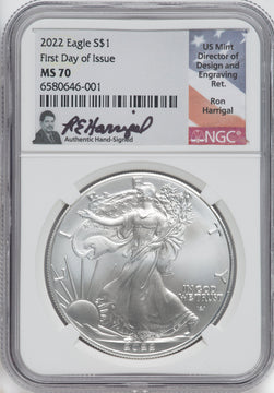 2022 American Silver Eagle First Day of Issue NGC MS70 Ron Harrigal Signed