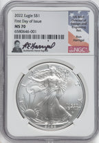 2022 American Silver Eagle First Day of Issue NGC MS70 Ron Harrigal Signed