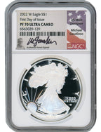 2022-W American Silver Eagle FDI NGC PF70 Ultra Cameo Michael Gaudioso Signed