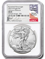 2022 W Burnished Silver Eagle Advanced Release NGC MS70 Gaudioso Signed