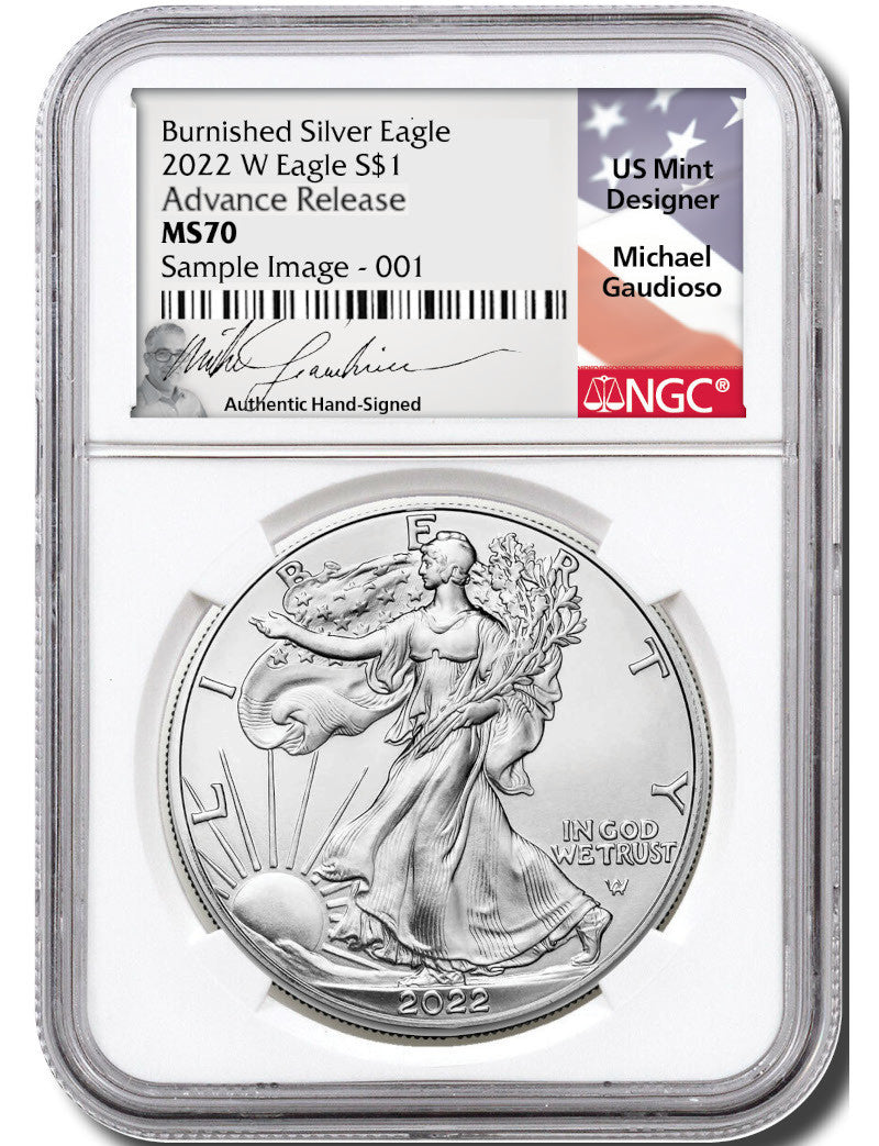 2022 W Burnished Silver Eagle Advanced Release NGC MS70 Gaudioso Signed