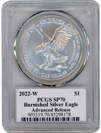 2022-W Burnished Silver Eagle Advanced Release PCGS SP70 Damstra Signed