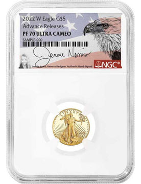 2022 $5 Gold Eagle 1/10 oz Advanced Release NGC PF70UCAM Jennie Norris Signed