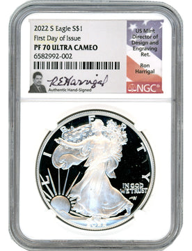 2022 S American Silver Eagle First Day of Issue NGC PF70UCAM Ron Harrigal Signed