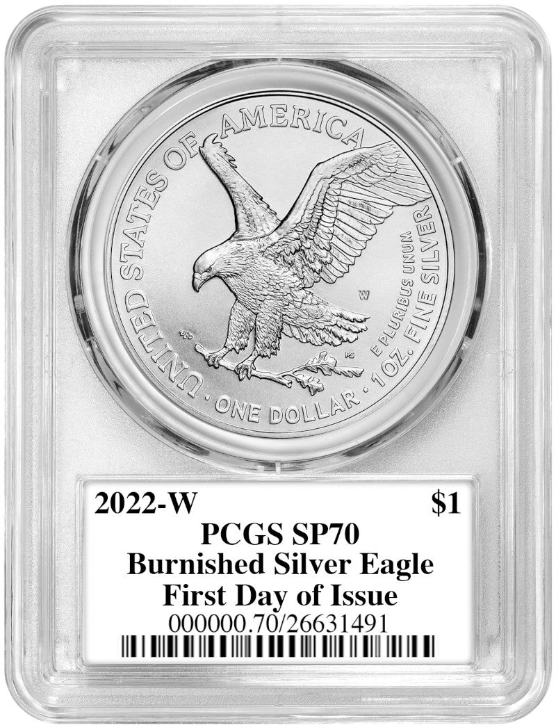 2022 W Burnished Silver Eagle FDI PCGS SP70 Damstra Signed