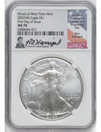 2022 (W) American Silver Eagle First Day of Issue NGC MS70 Ron Harrigal Signed
