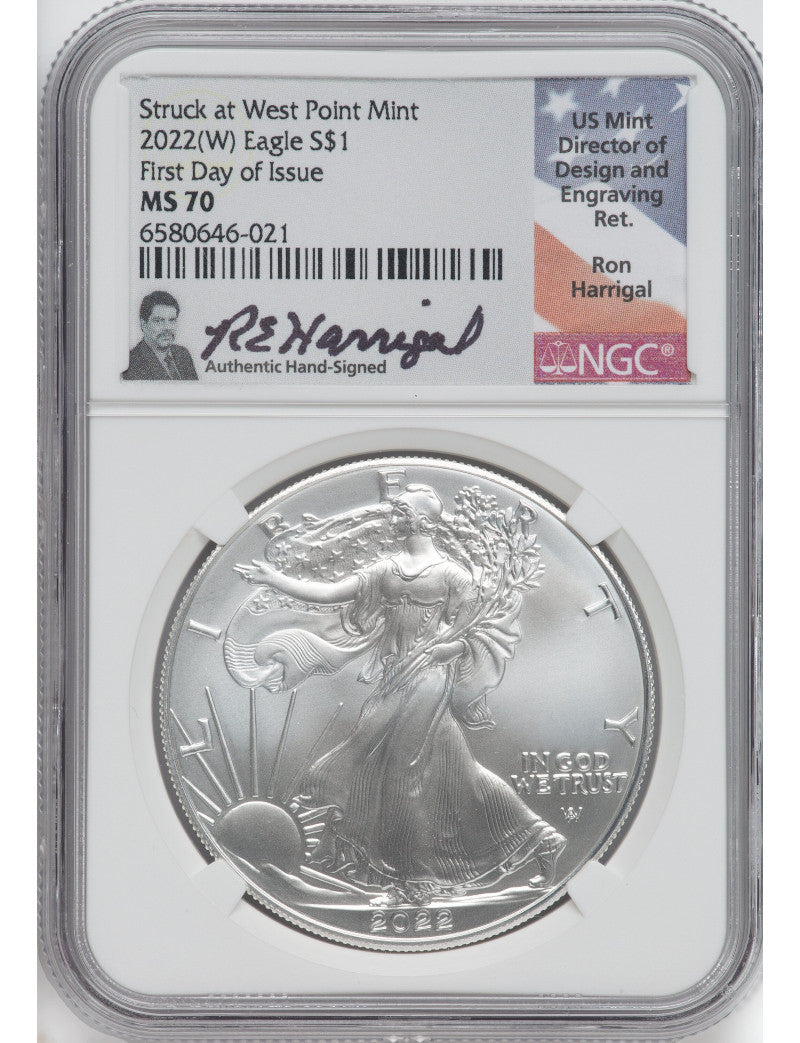 2022 (W) American Silver Eagle First Day of Issue NGC MS70 Ron Harrigal Signed