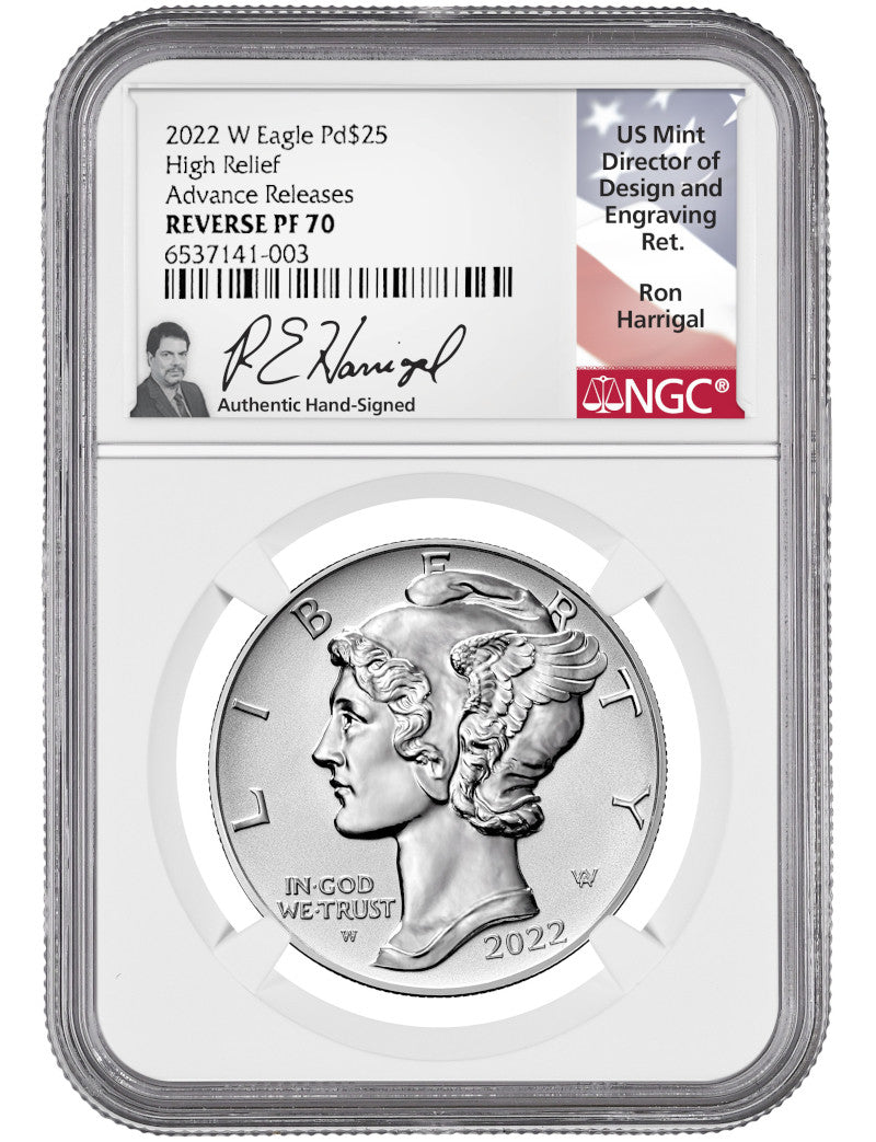 2022-W Palladium Reverse Proof Advanced Releases NGC PF70 Ron Harrigal Signed