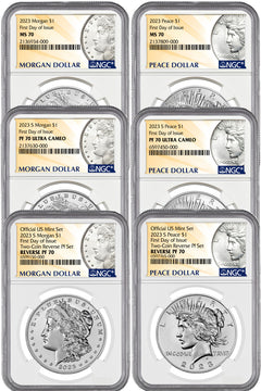 2023 6 Coin Morgan & Peace Dollar Set MS/PR/REV FDI Morgan/Peace Label NGC PF70
