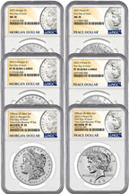 2023 6 Coin Morgan & Peace Dollar Set MS/PR/REV FDI Morgan/Peace Label NGC PF70