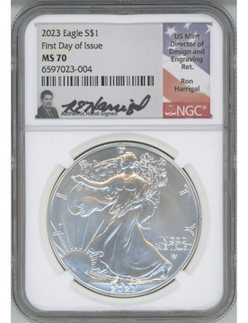 2023 American Silver Eagle First Day of Issue NGC MS70 Ron Harrigal Signed