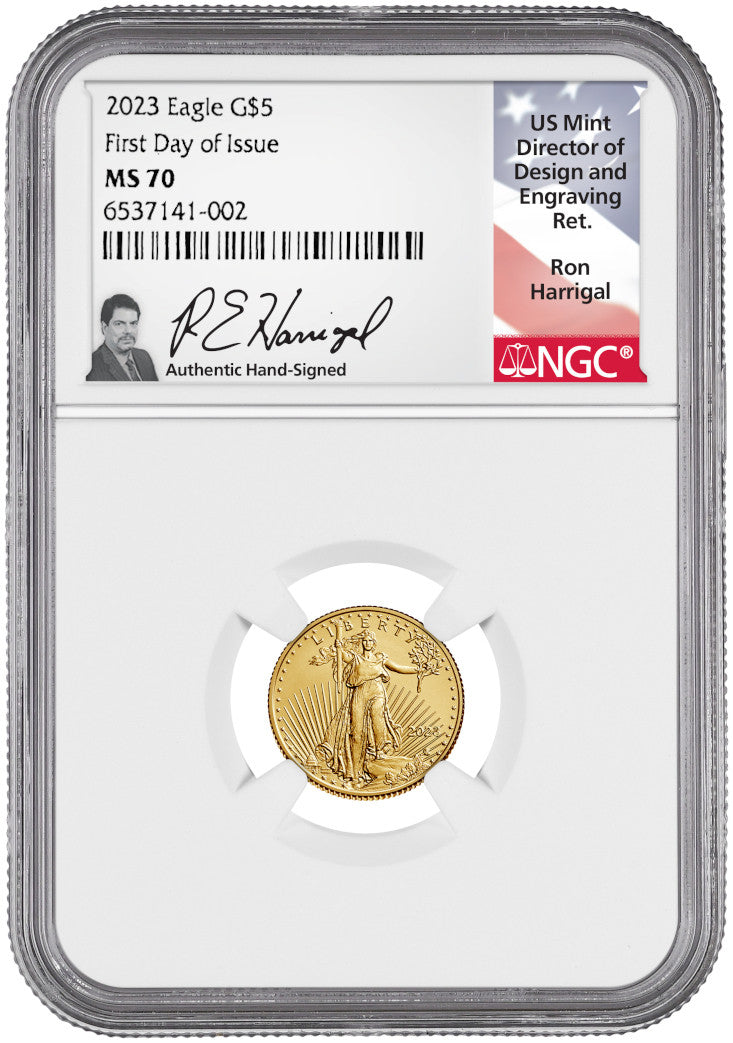 2023 $5 Tenth Ounce American Gold Eagle FDI NGC MS70 Ron Harrigal Signed