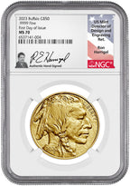 2023 $50 Gold Buffalo First Day of Issue NGC MS70 Ron Harrigal Signed