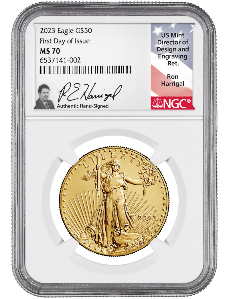 2023 $50 One Ounce Gold Eagle FDI NGC MS70 Ron Harrigal Signed
