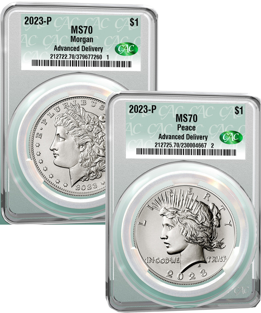 2023-P Morgan and Peace Silver Dollar 2pc Set Advanced Delivery CAC MS70