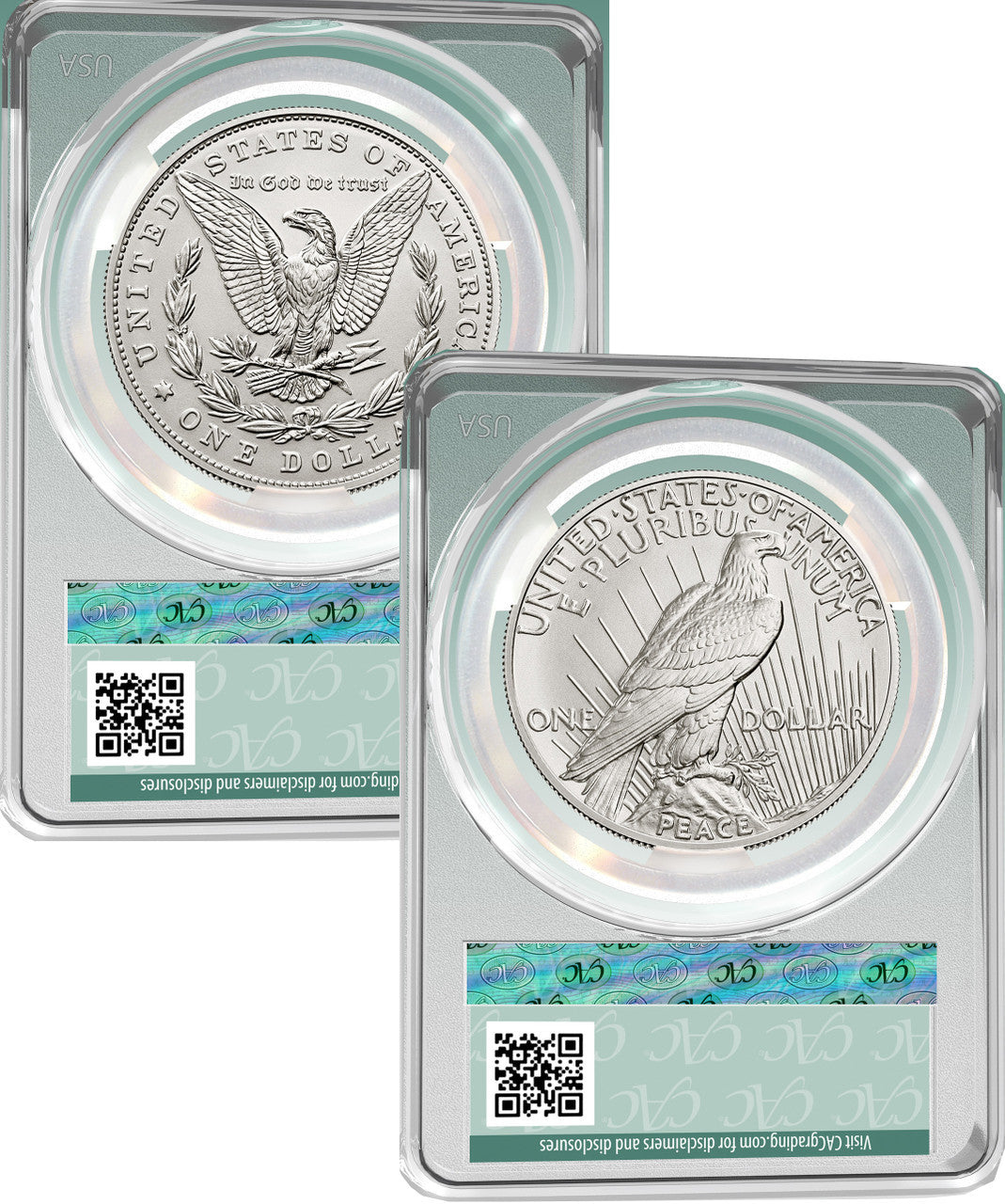 2023 Morgan and Peace Silver Dollar 2pc Set Coin Label FD CAC MS70