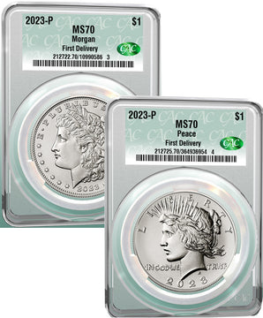 2023 Morgan and Peace Silver Dollar 2pc Set Coin Label FD CAC MS70