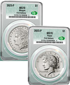 2023 Morgan and Peace Silver Dollar 2pc Set Coin Label FD CAC MS70