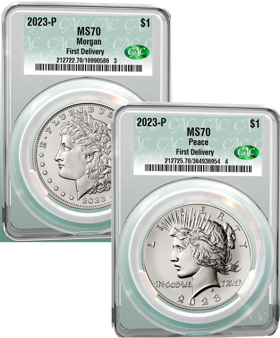 2023 Morgan and Peace Silver Dollar 2pc Set Coin Label FD CAC MS70