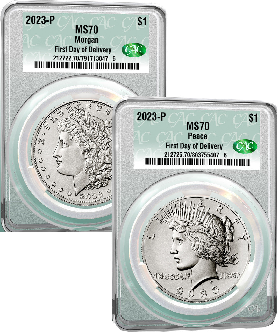 2023-P Morgan and Peace Silver Dollar 2pc Set Coin FDD CAC MS70