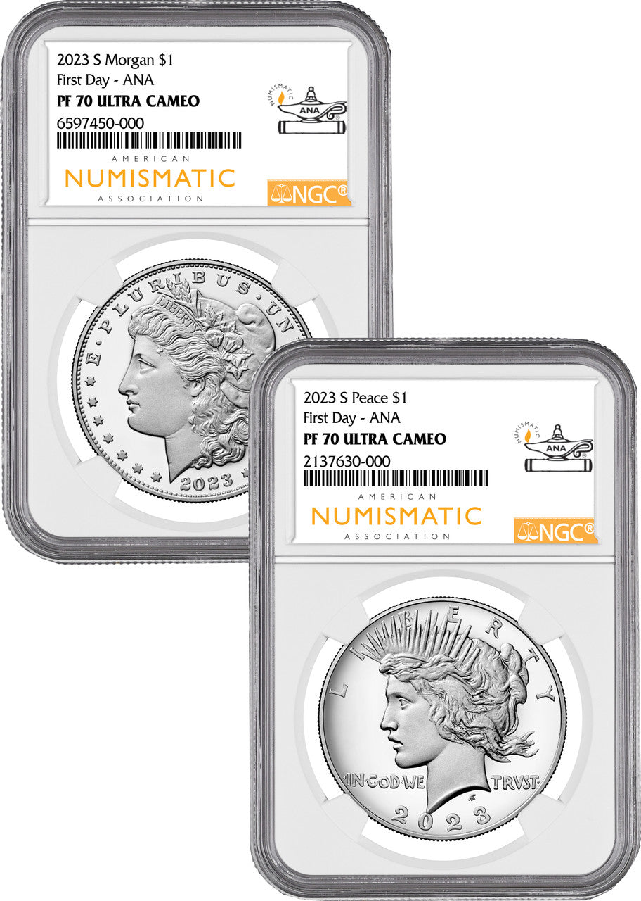 2023-S Morgan and Peace Silver Dollar 2pc Set ANA FD NGC PF70