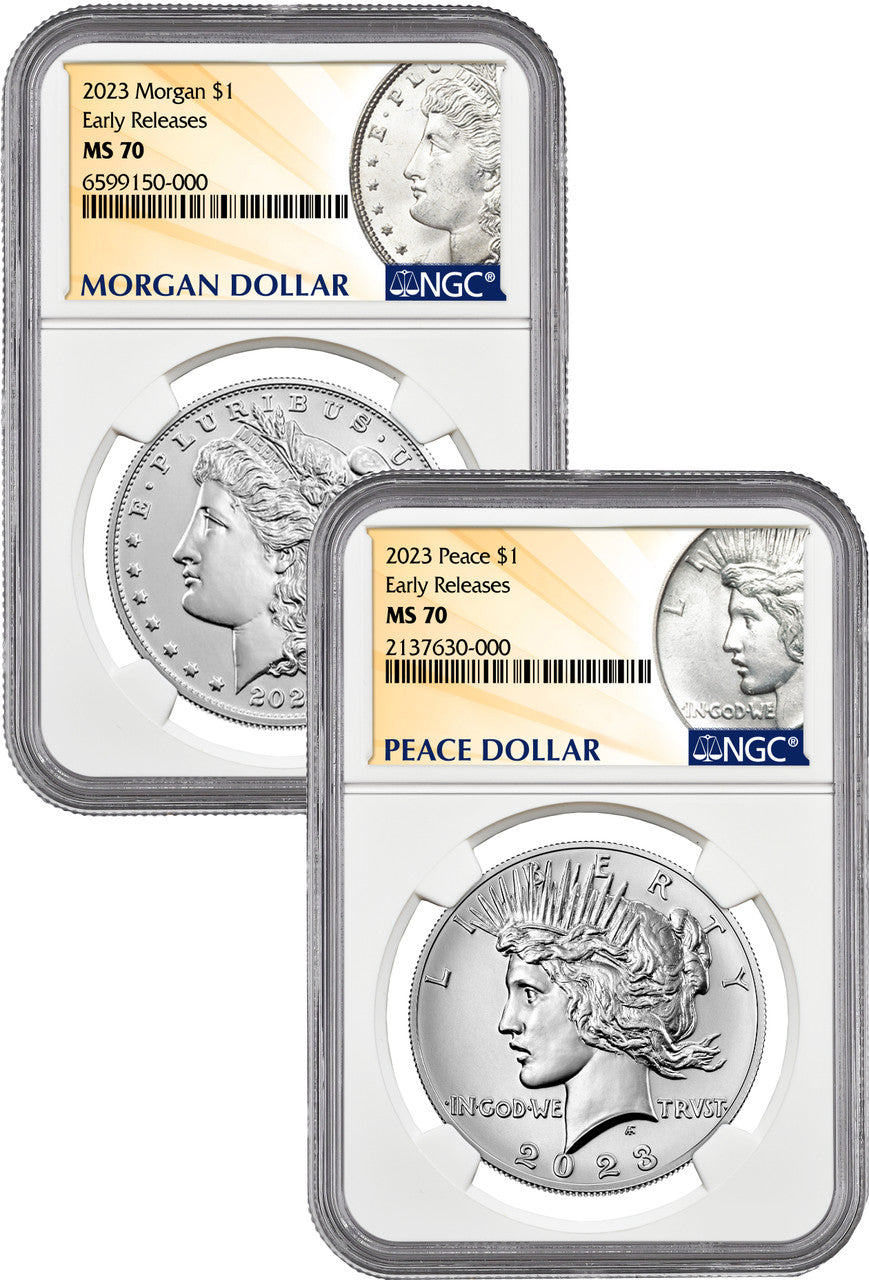 2023 Morgan and Peace Silver Dollar 2pc Set ER NGC MS70