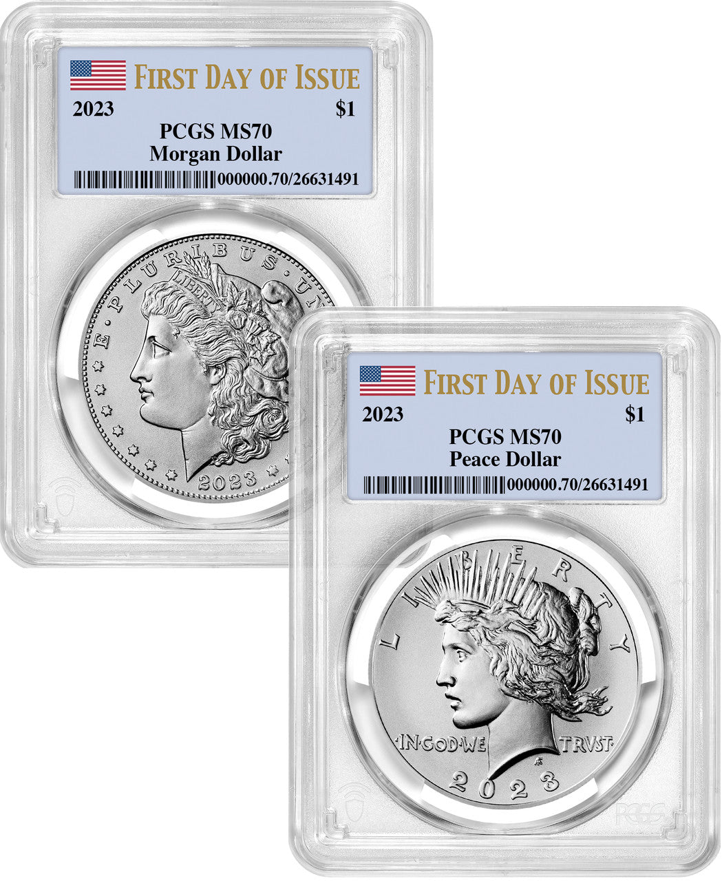 2023 Morgan and Peace Silver Dollar 2pc Set FDI PCGS MS70