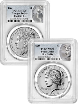 2023 Morgan and Peace Silver Dollar 2pc Set Coin Label FS PCGS MS70