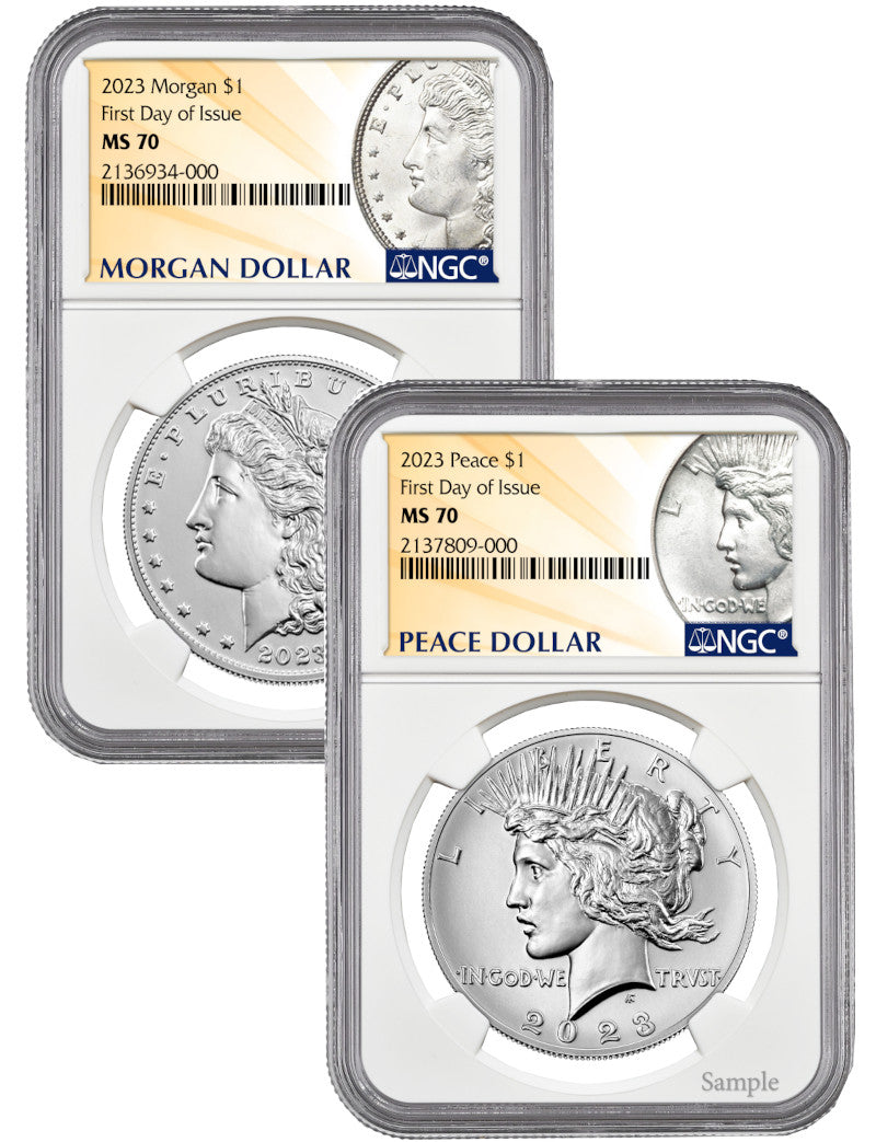 2023 Morgan and Peace Silver Dollar 2pc Set FDI NGC MS70