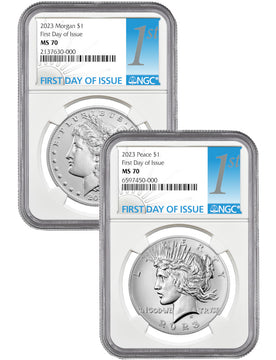 2023 Morgan and Peace Silver Dollar 2pc Set FDI 1st Label NGC MS70