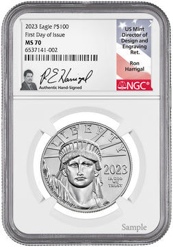 2023 $100 One-Ounce Platinum Liberty Eagle FDI NGC MS70 Ron Harrigal Signed