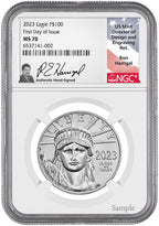 2023 $100 One-Ounce Platinum Liberty Eagle FDI NGC MS70 Ron Harrigal Signed