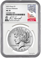 2023 Peace Silver Dollar Advanced Releases NGC MS70 Ron Harrigal Signed