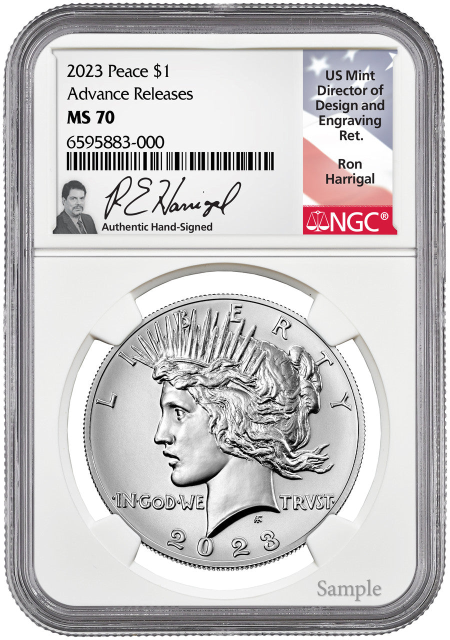 2023 Peace Silver Dollar Advanced Releases NGC MS70 Ron Harrigal Signed