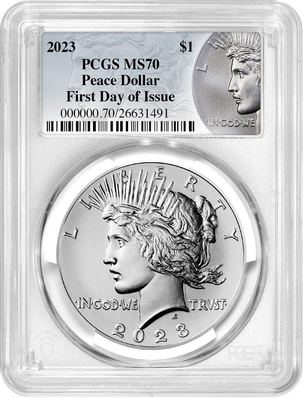2023 Peace Silver Dollar Coin Label FDI PCGS MS70