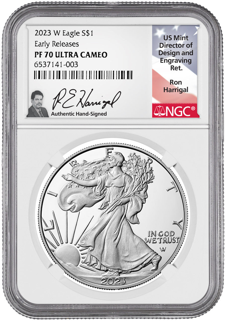2023-W Silver Eagle Early Releases NGC PF70 UCAM Ron Harrigal Signed
