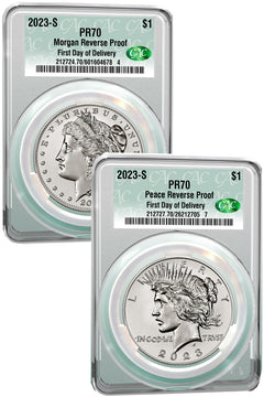 2023-S Morgan Peace Dollar 2-Coin Reverse Proof Set FDD CAC PR70