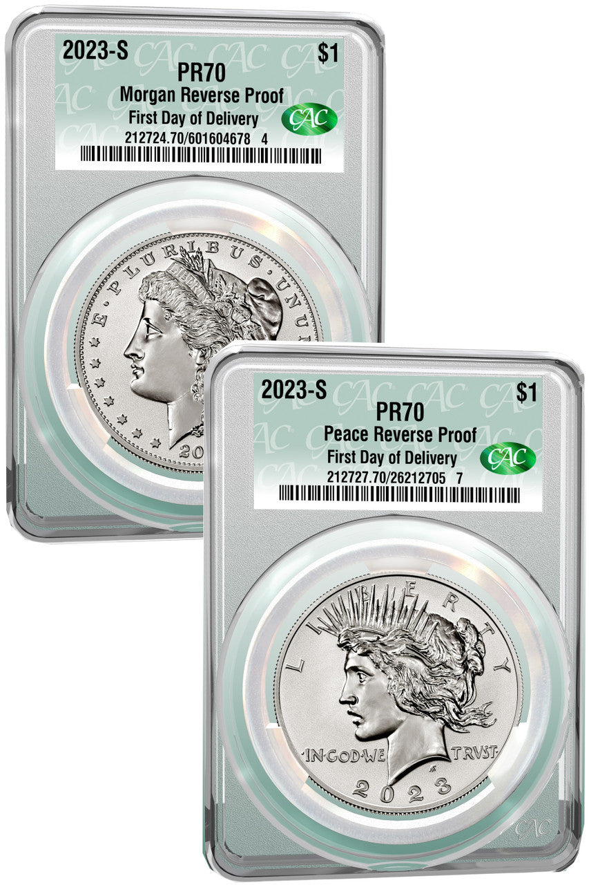 2023-S Morgan Peace Dollar 2-Coin Reverse Proof Set FDD CAC PR70