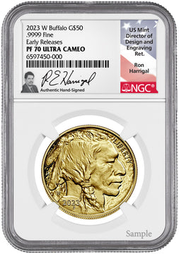 2023-W $50 One Ounce Gold Buffalo Early Releases NGC PF70 Ultra Cameo Harrigal Signed