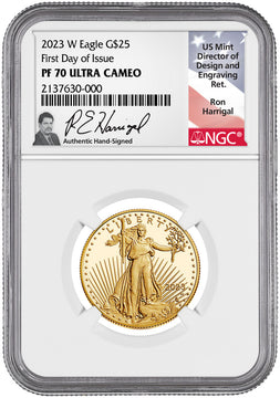 2023-W $25 Half Ounce Gold Eagle FDI NGC PF70 Ultra Cameo Ron Harrigal Signed